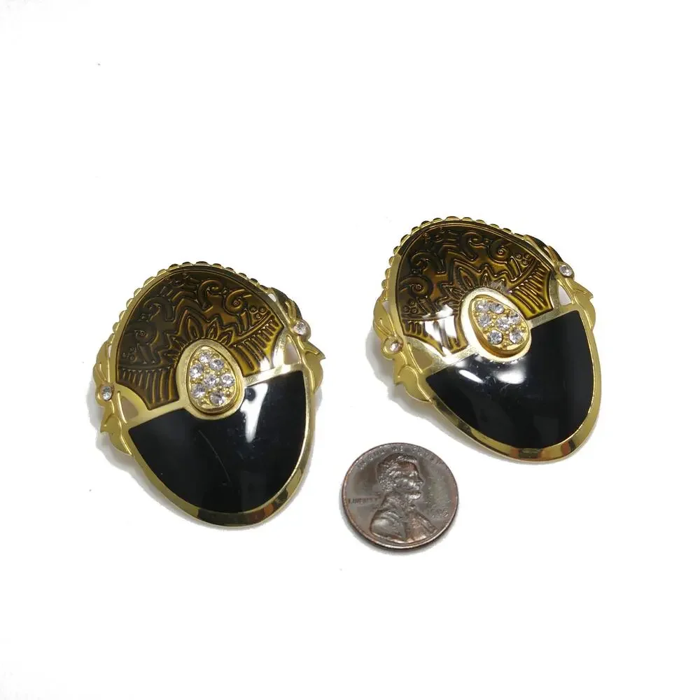 Berebi Large Enamel Rhinestone Post Earrings, Textured Brown & Black, 1980s